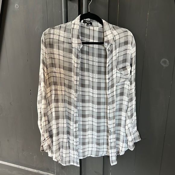 ARITZIA Babaton 100% silk button down blouse - grey/white plaid - Picture 1 of 8